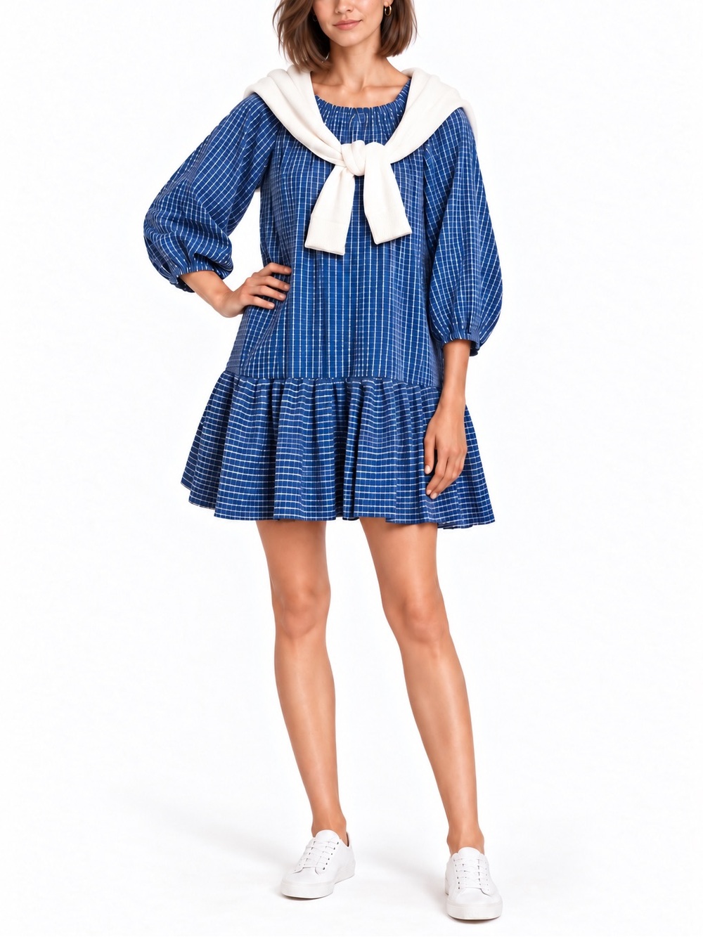 LDT Rachel blue gingham seersucker ruffle drop waist balloon sleeve minidress 14